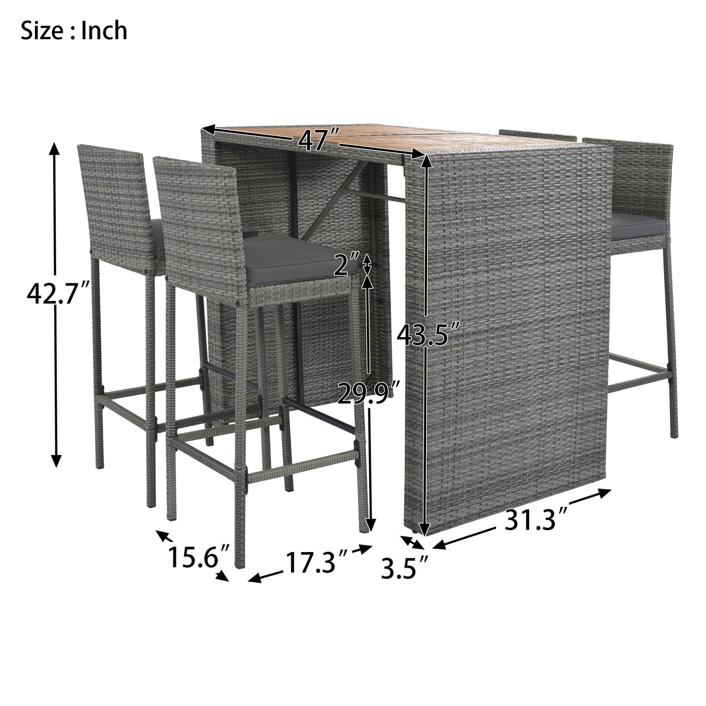 5 Pieces Outdoor Patio Wicker Bar Set, Bar Height Chairs With Non-Slip Feet And Fixed Rope, Removable Cushion, Acacia Wood Table Top - Brown / Gray