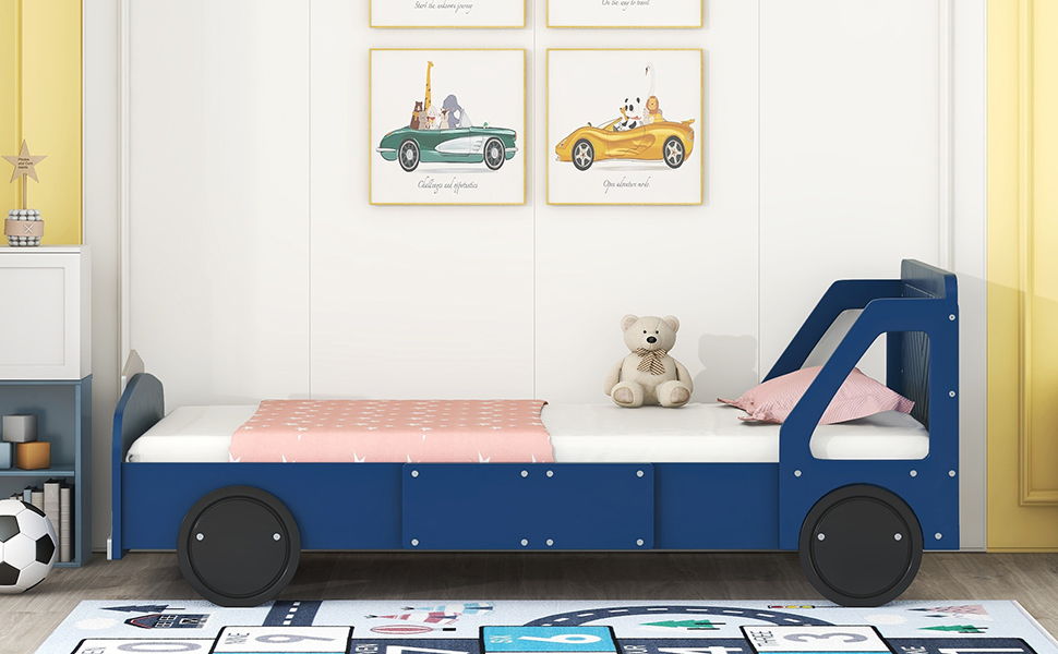 Twin Size Car Shaped Platform Bed With Wheels - Blue