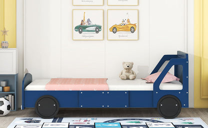 Twin Size Car Shaped Platform Bed With Wheels - Blue