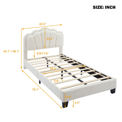 Twin Size Upholstered Flower-Shape Bed, Elegant Flowers Headboard With LED Light Strip, Sherpa Fabric Platform Bed With Slats Support - White