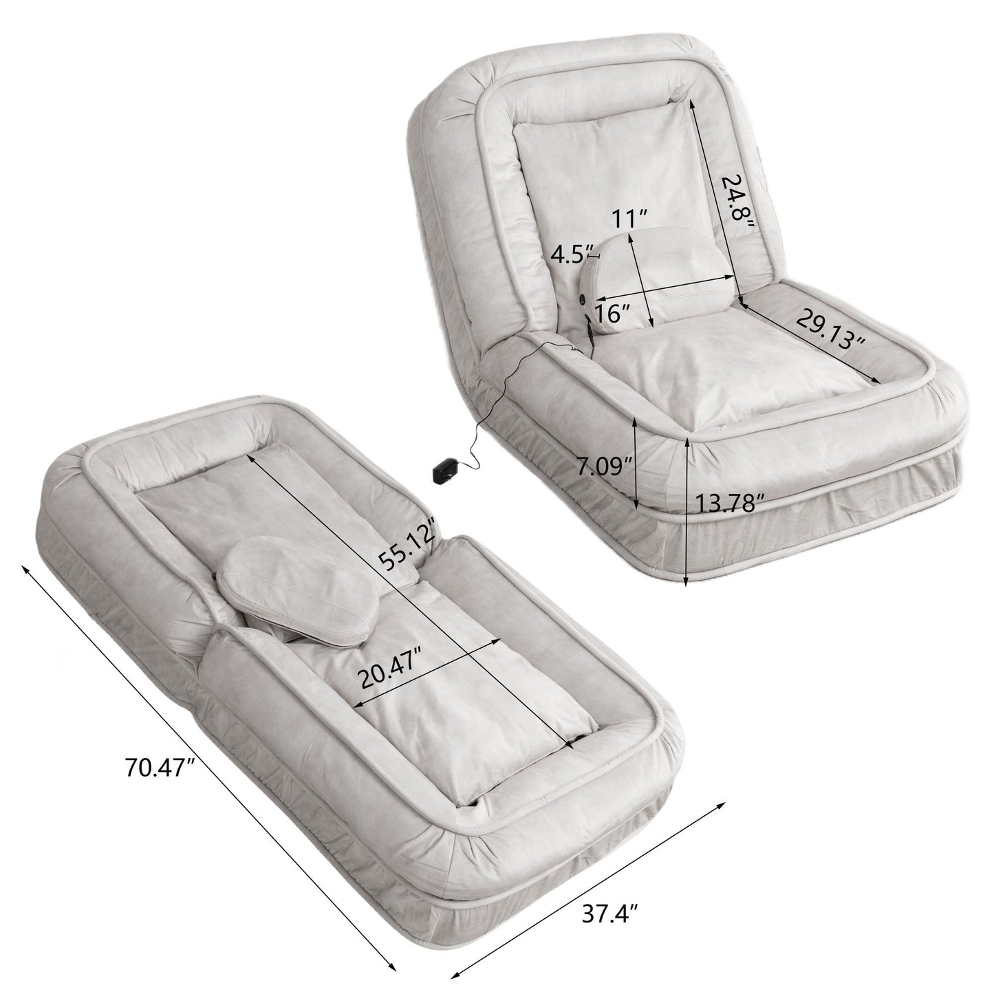 Upholstered Human Dog Bed And Pets Bean Bag Floor Sofa With Massage Pillow, 5 Adjustable Positions & 2 Soft Pillows, Velvet With Foam And Iron Plastic Frame - Beige