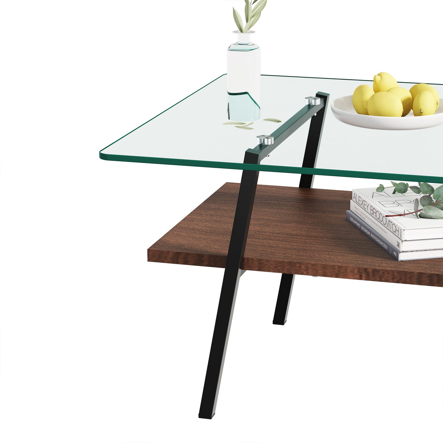 Rectangle Coffee Table, Tempered Glass Tabletop With Metal Legs, Modern Table For Living Room, Transparent Glass - Dark Brown
