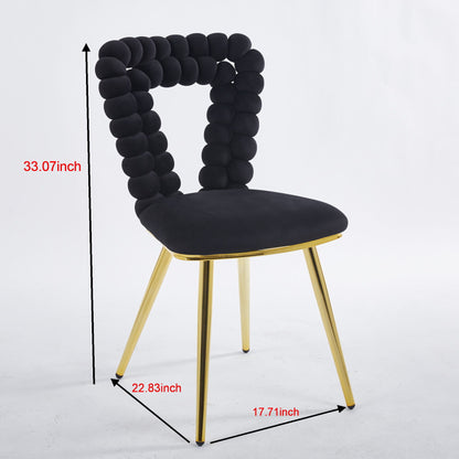 Modern Chair With Golden Iron Tube Legs - Black Soft Cushions And Comfortable Backrest, Suitable For Dining Room, Living Room, Cafe, Hairball Back (Set of 2) - Black