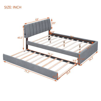 Full Size Upholstered Platform Bed With Twin Size Trundle - Gray