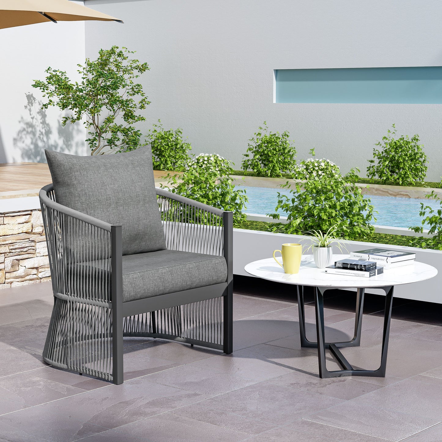 Modern Curved Aluminum Lounge Chair With Stylish Rope - Weave Design And Cushioned Comfort For Outdoor Living - Gray