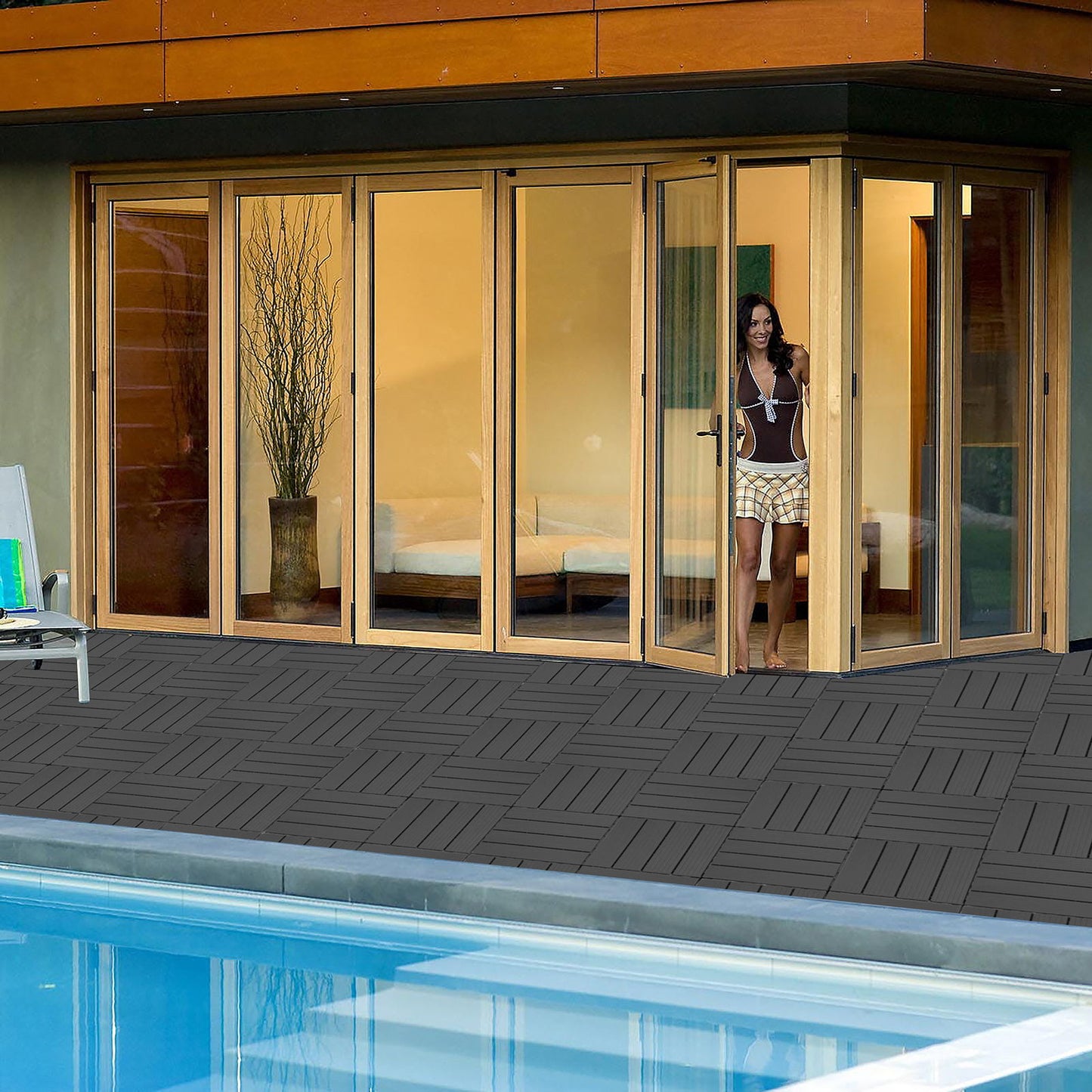 Plastic Interlocking Deck Tiles, Patio Flooring Outdoor Waterproof All Weather Use For Garden Poolside Front / Back Yard (Set of 44) - Light Gray