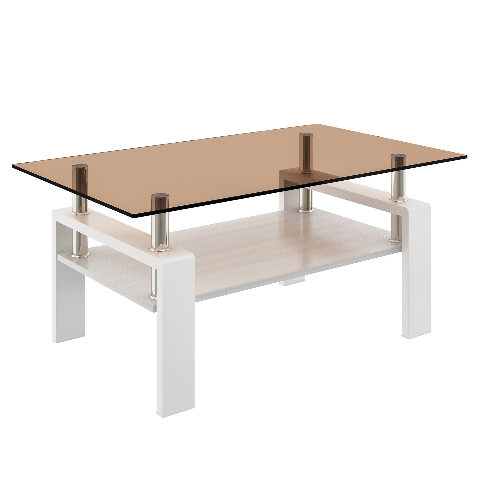 Modern Rectangular Coffee Table With Tempered Glass Top Layer, Table For Living Room - Brown / White