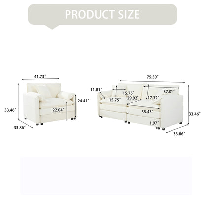 Luxury Deep Seat 2 Piece Loveseat Couch & Sofa Armchair Set, Modern Upholstered Chenille Cloud Couches - Beige
