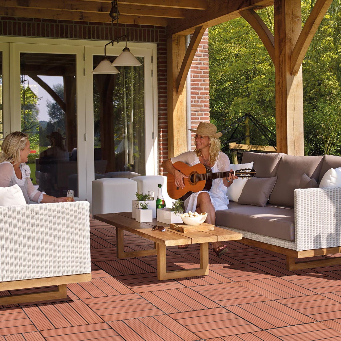 Wood Plastic Composite Deck Tiles (Set of 20), Sustainable Composite Decking Resist Rust, Water, Weather, Easy To Diy & Maintain, Ideal For Patios, Balconies, Rooftops - Mahogany