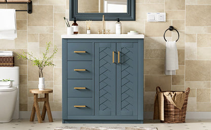 Bathroom Vanity With Ceramic Sink Combo, Frame Bathroom Storage Cabinet, Freestanding Vanity Set With 3 Drawers & Soft Closing Doors - Blue