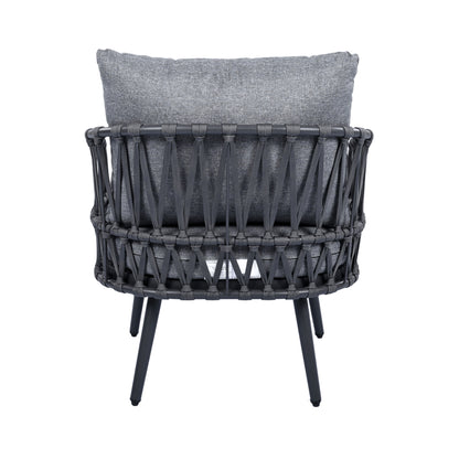 4 Piece Outdoor Patio Furniture Set, Metal Chairs With Woven Rope U Shaped Backrest, Outdoor Conversation Set With Thick Cushions And Coffee Table For Garden, Poolside, Balcony - Black / Gray