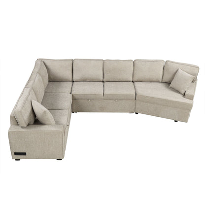 L-Shaped Sofa Sectional Sofa Couch Pull-Out Sofa Bed With Charging Devices And Cup Holders For Living Room - Beige