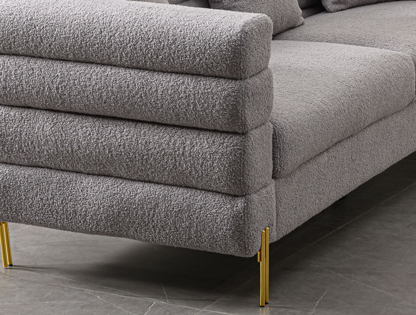 Luxurious And Comfortable Upholstered Sofa With Golden Legs And Pillows For Living Room And Reception Area - Gray