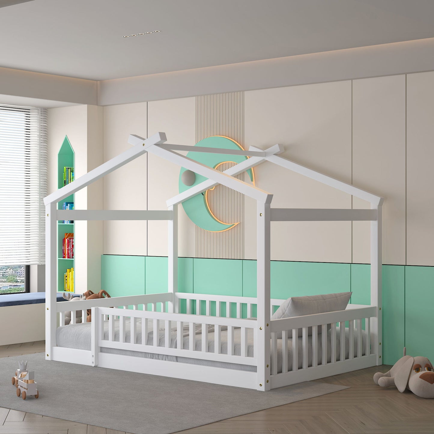Full Size Bed House Bed Frame & Fence - White