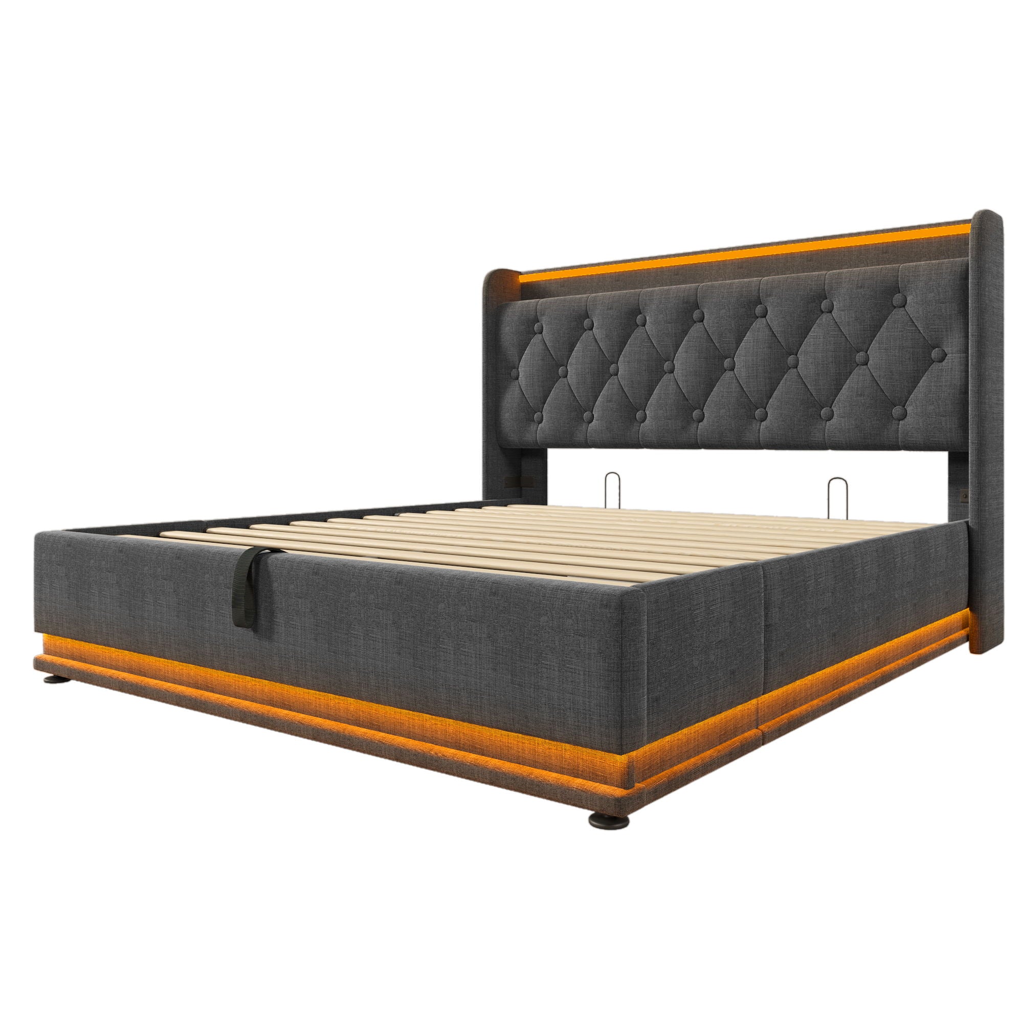 Queen Size Upholstered Bed, 360 Surround LED Function, Buttons / Apps / Remote Control, Hydraulic Storage Bed With USB Type-C Charging (Without Mattress) - Gray