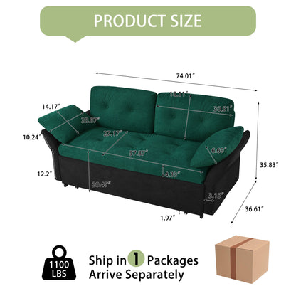 Modern Convertible Sleeper Sofa Bed With Pull Out Queen Design, Side Storage & Thick Cushions Chenille Loveseat For Living Room Or Bedroom 3 In 1 Function - Green