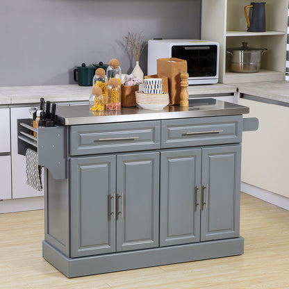 Homcom - Rolling Kitchen Island With Storage, Portable Kitchen Cart With Stainless Steel Top, 2 Drawers, Spice, Knife And Towel Rack And Cabinets - Gray