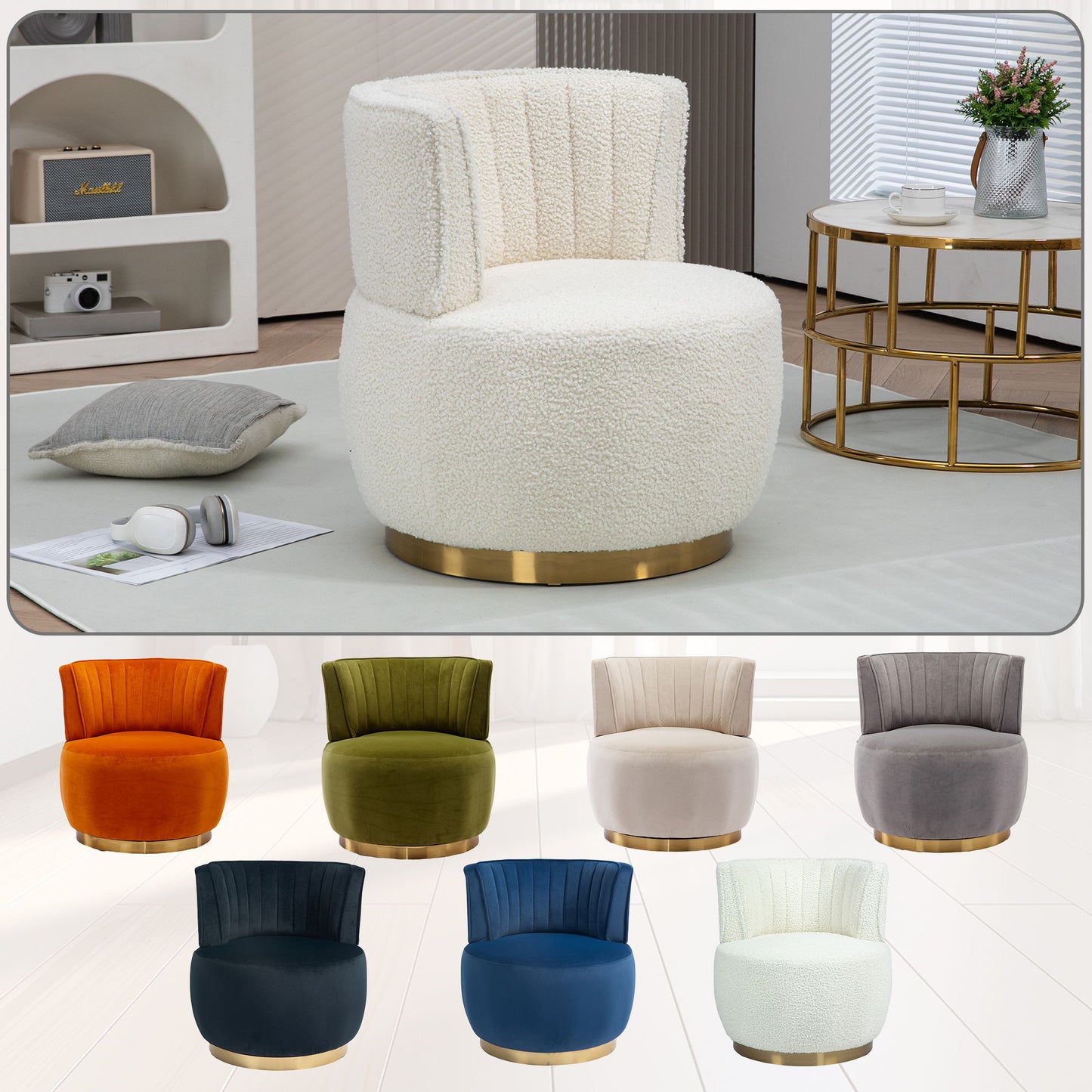 Coolmore - 360 Degree Swivel Cuddle Barrel Accent Sofa Chair, Round Armchair With Wide Upholstered Teddy Fabric - Cream