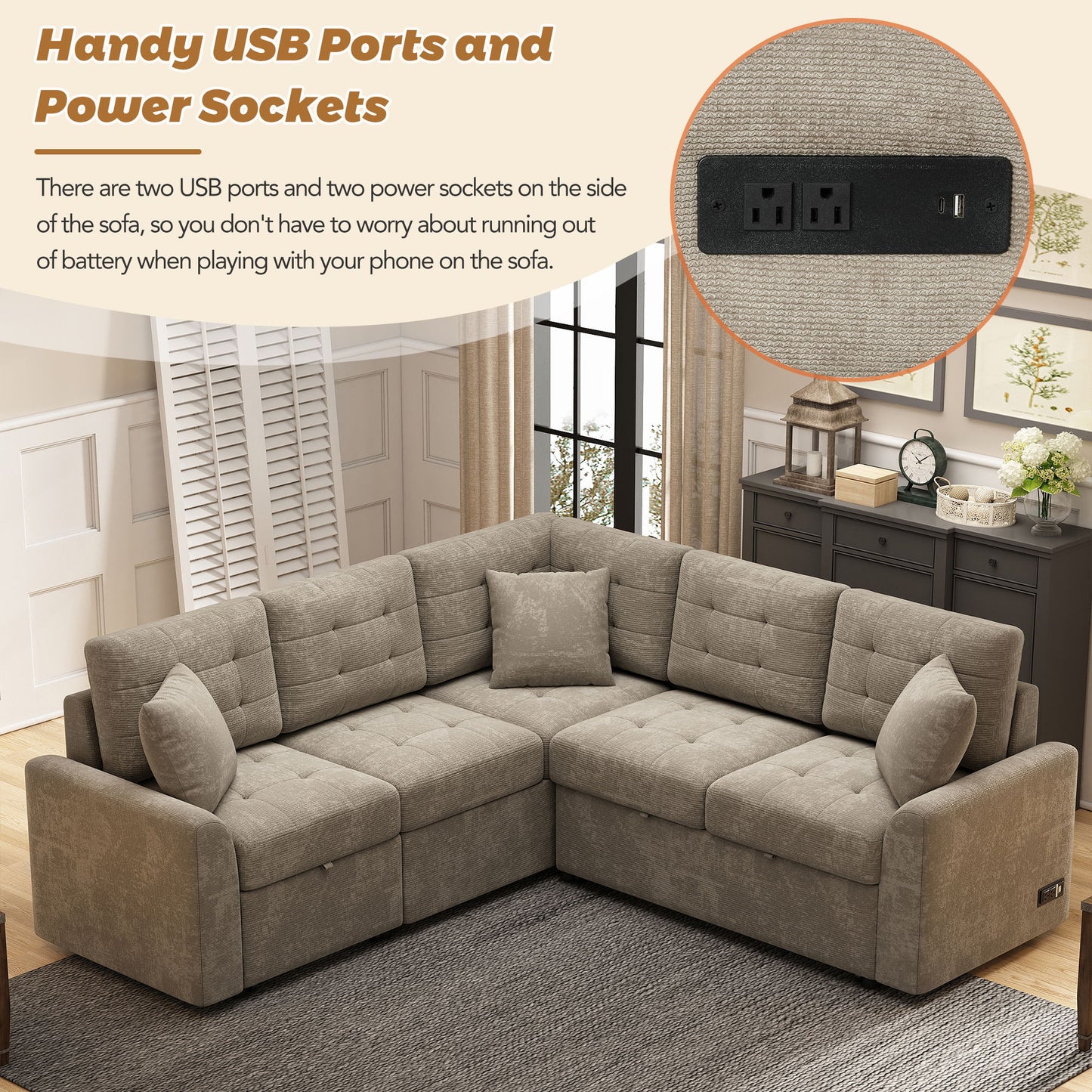 L-Shape Sofa Bed Pull-Out Sleeper Sofa With Wheels, USB Ports, Power Sockets For Living Room - Khaki