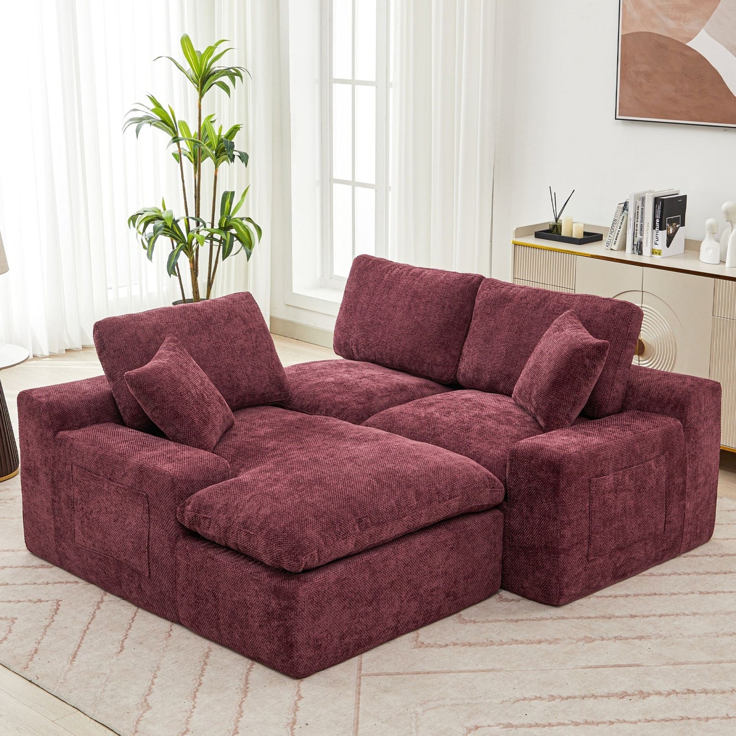 Cloud Sectional Sofa Upholstered Sofa Couch With Double-Layer Cushion And Side Pockets - Red