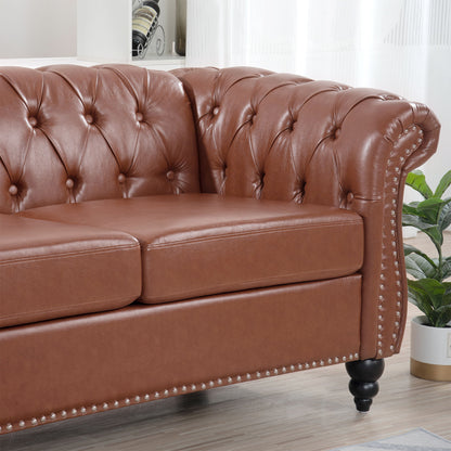 Rolled Arm Chesterfield Three Seater Sofa - Brown