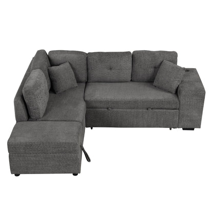 Convertible Sleeper, Sectional Pull Out Sofa Bed With Storage Ottoman, 2 Throw Pillows, 2 Stools, Wireless Charger And Two Hidden USB Ports For Living Room - Dark Gray