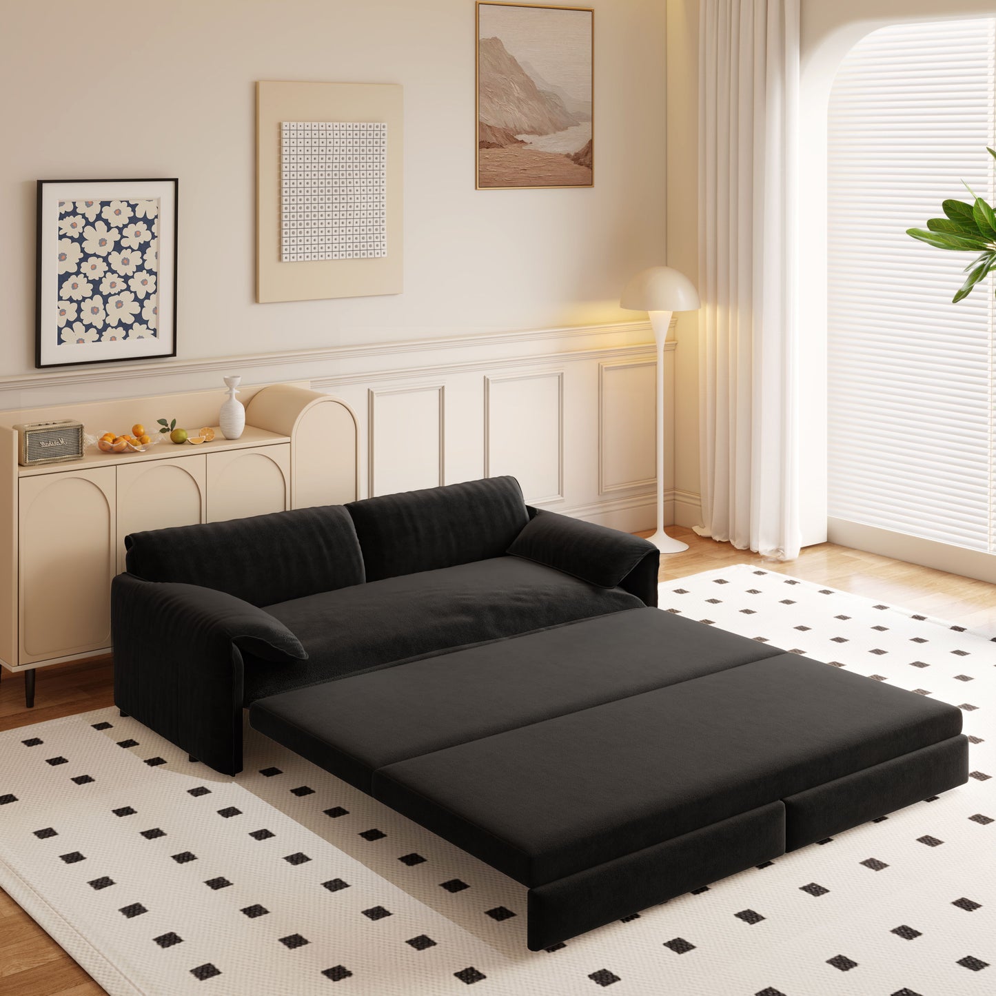 Queen Pull Out Sofa Bed, 3 In 1 Convertible Sleeper Sofa With Side Storage Multifunctional Velvet Loveseat Bed For Living Room - Black