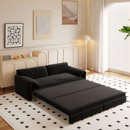 Queen Pull Out Sofa Bed, 3 In 1 Convertible Sleeper Sofa With Side Storage Multifunctional Velvet Loveseat Bed For Living Room - Black