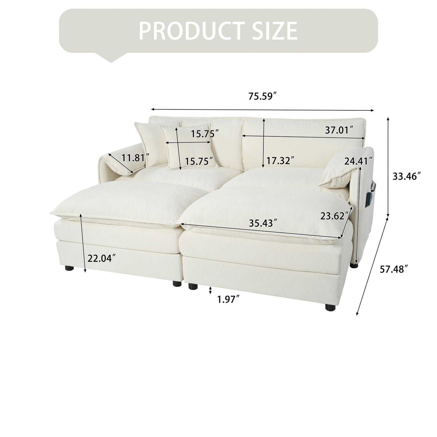 Deep Seat Sectional Cloud Sofa With 2 Ottomans & Soft Pillows, Modular Loveseat For Living Room - Beige Chenille 75.59X57.48X33.46 Inches