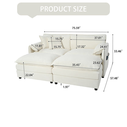 Deep Seat Sectional Cloud Sofa With 2 Ottomans & Soft Pillows, Modular Loveseat For Living Room - Beige Chenille 75.59X57.48X33.46 Inches