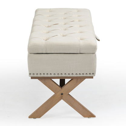Storage Ottoman, Button-Tufted Ottoman Linen Storage Bench, Ottoman With Storage - Light Beige