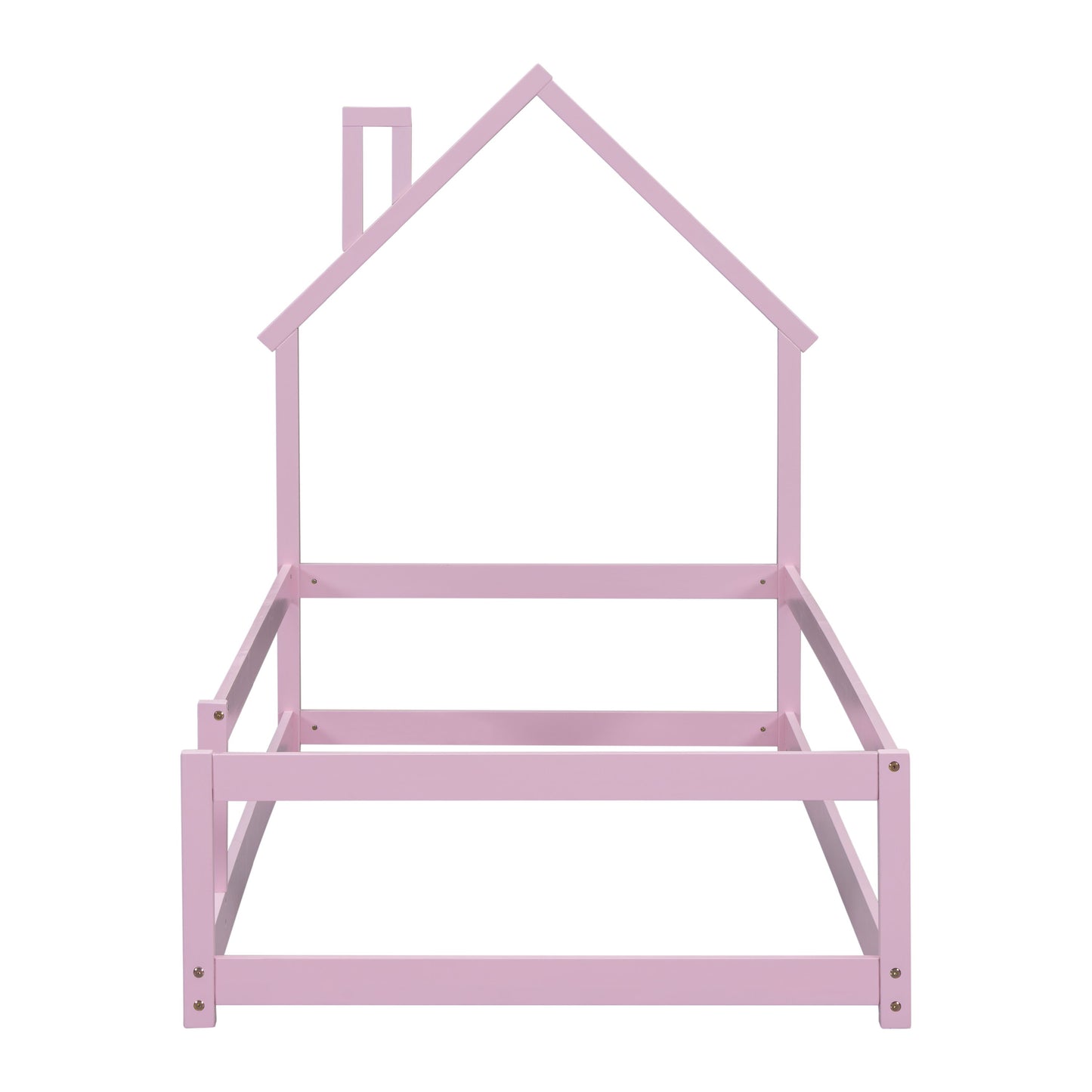 Twin Size Wood Bed With House-Shaped Headboard Floor Bed With Fences - Pink