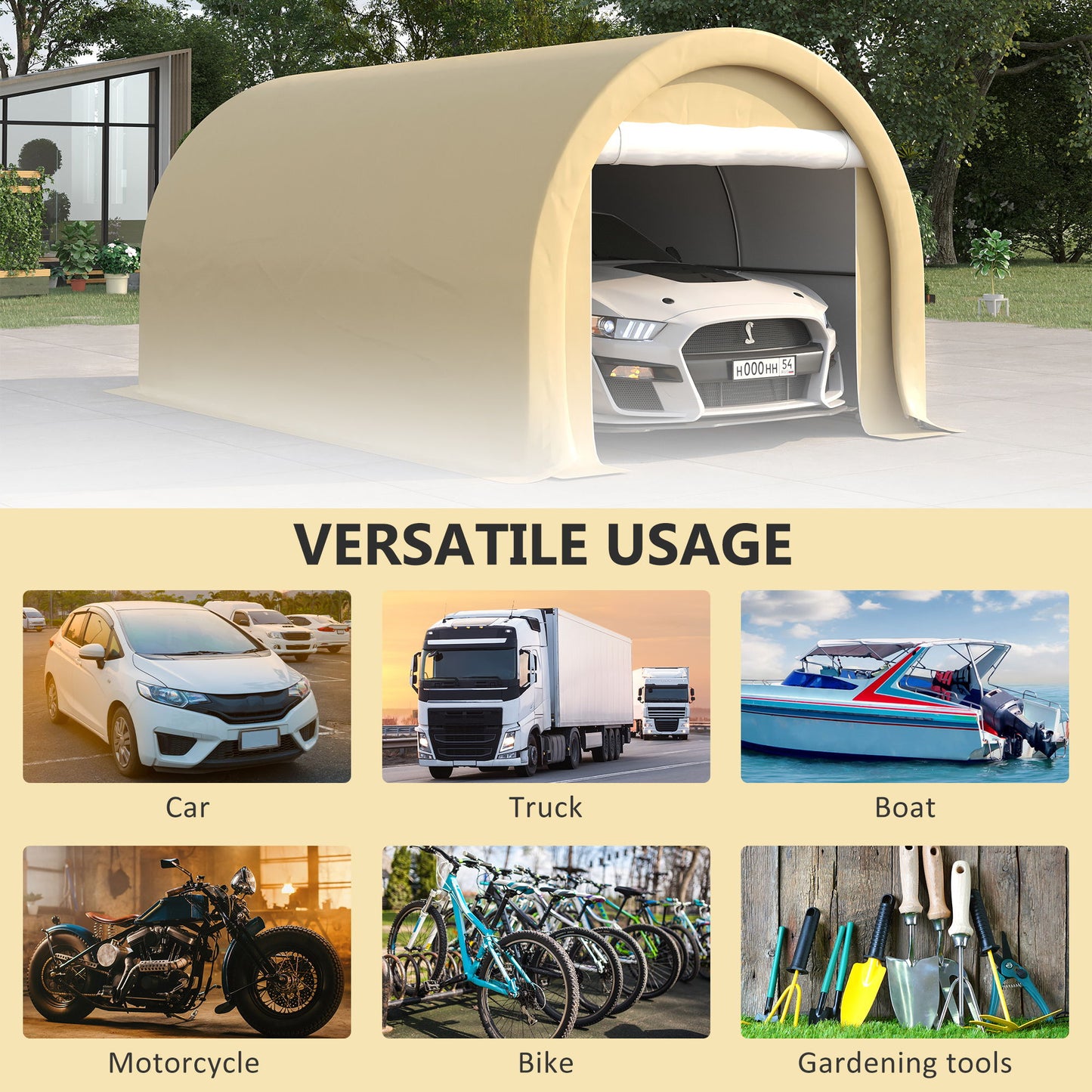 Outsunny - 10' x 16' Carport, Heavy Duty Portable Garage Storage Tent With Large Zippered Door, Anti-Uv Pe Canopy Cover For Car, Truck, Boat, Motorcycle, Bike, Garden Tools, Outdoor Work - Beige