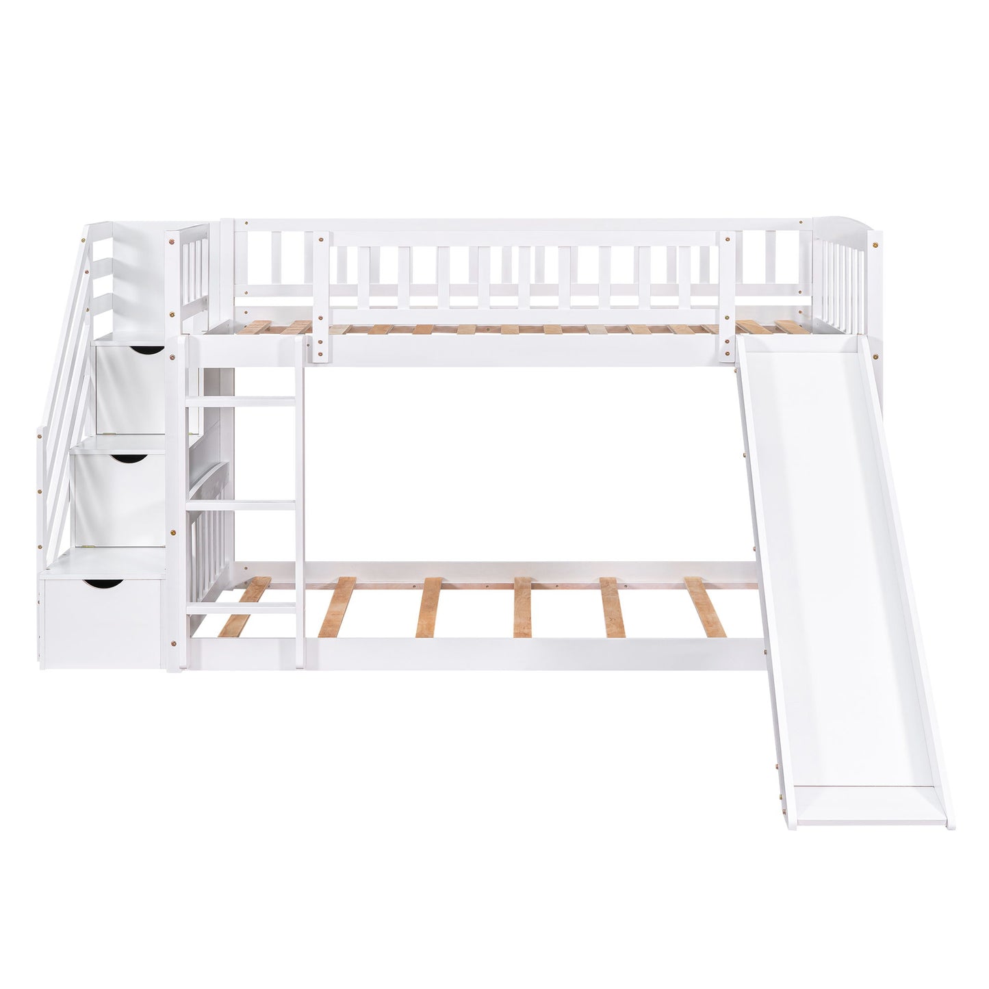 Twin Over Twin Stairway Bunk Bed & Two Drawers And Slide - White