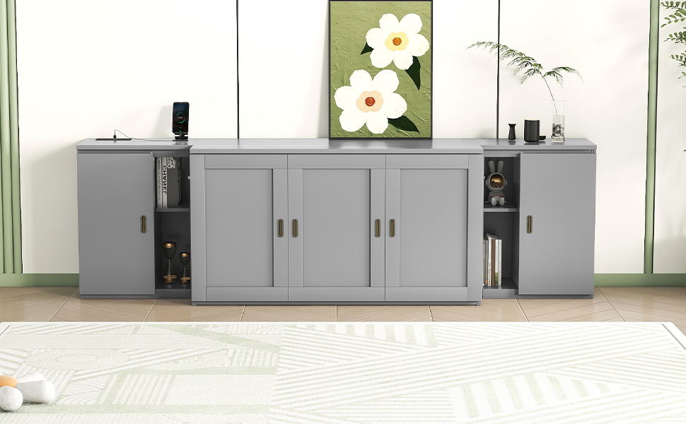 Queen Size Murphy Bed With Shelves, Cabinets And USB Ports - Gray