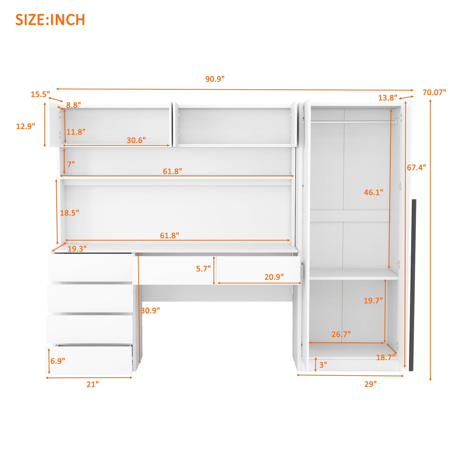2 Door Storage Desk Wardrobe For Bedroom With Shelves And Drawers - White