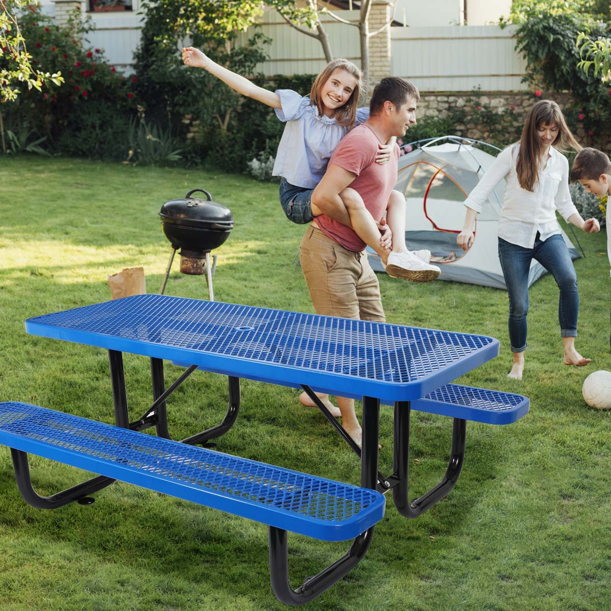 Outdoor Steel Picnic Rectangular Table With Umbrella Pole - Blue