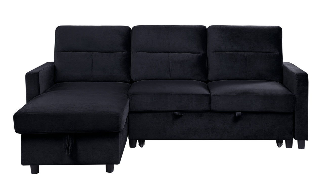 Ivy - Velvet Reversible Sleeper Sectional Sofa With Storage Chaise And Side Pocket - Black