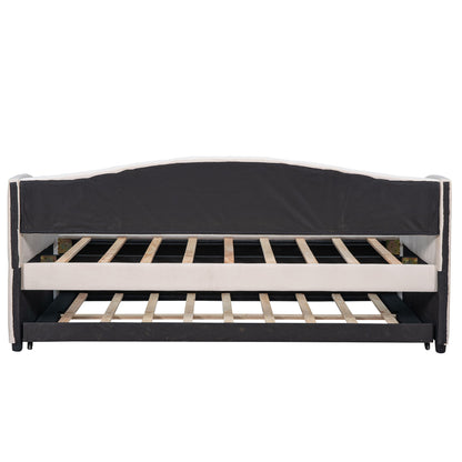 Twin Size Upholstered Daybed Sofa Bed With Trundle And Slat - Beige