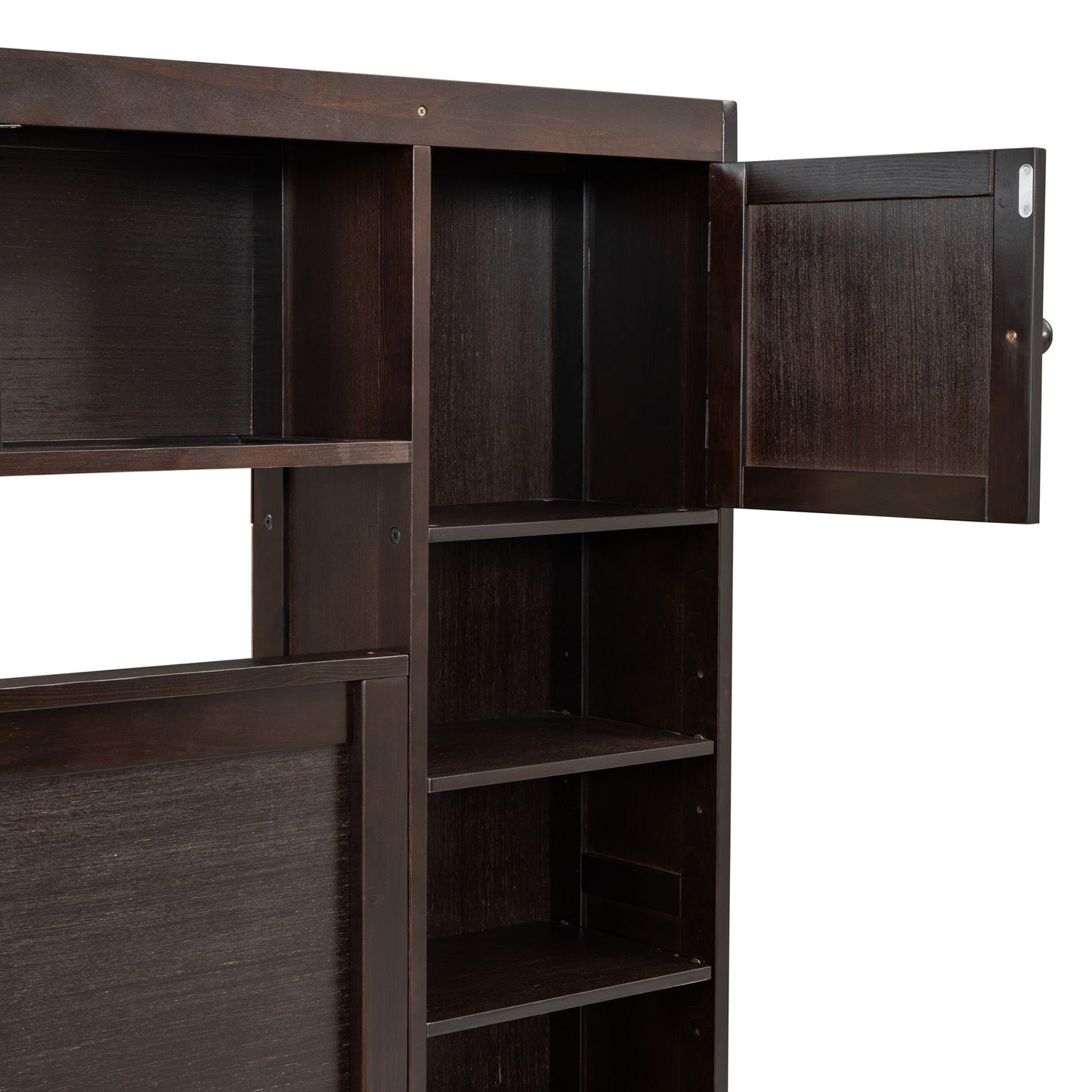 Queen Size Bed With All In One Cabinet, Shelf And Sockets, Twin Long Trundle - Espresso