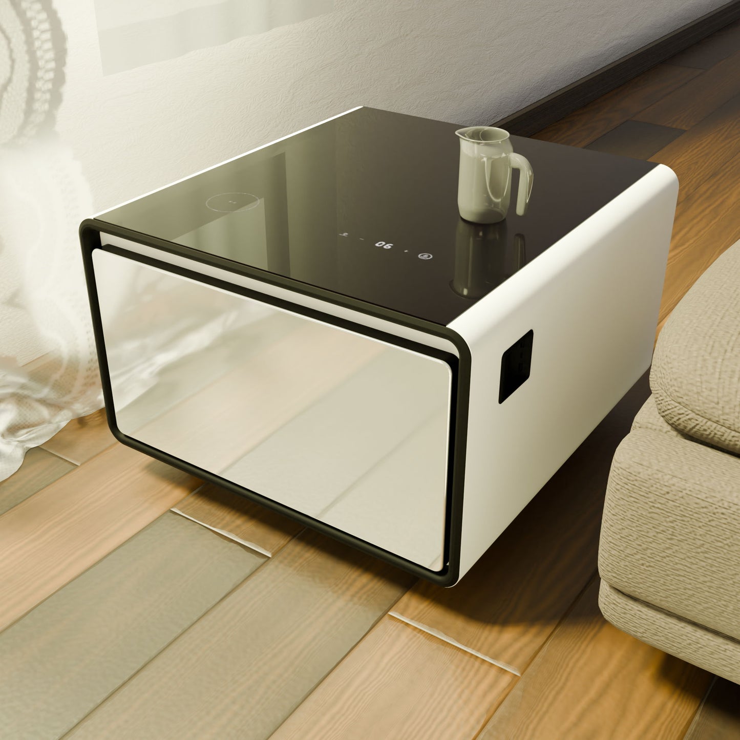 Modern Smart Side Table With Built-In Fridge, Wireless Charging, Temperature Control, Power Socket, USB Ports, Outlet Protection, Induction Light - White