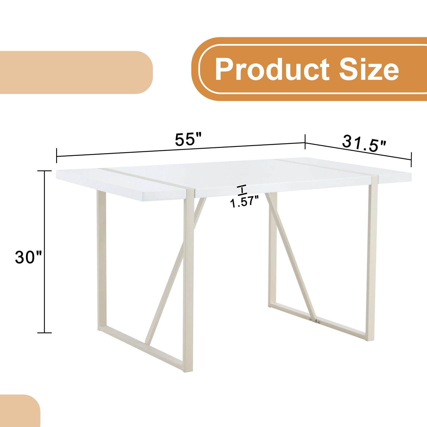 Industrial Rectangular Style Dining Table For 4 - 6 People With Thick Top And Metal Legs Frame - White