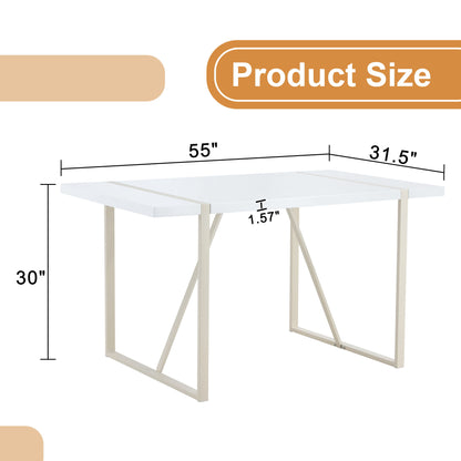 Industrial Rectangular Style Dining Table For 4 - 6 People With Thick Top And Metal Legs Frame - White