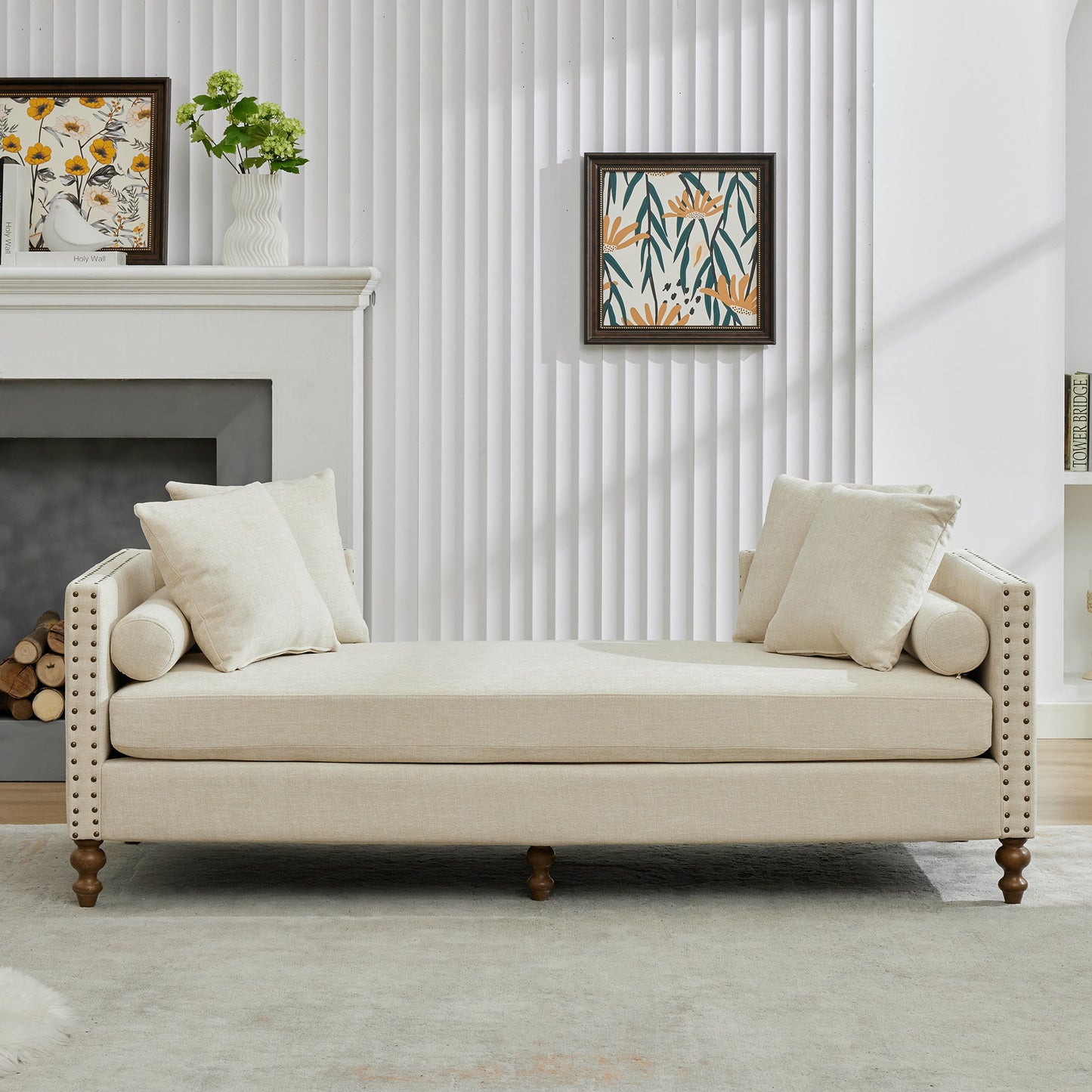 Chenille Upholstered Chaise Lounge With Nailheads, Sleeper Sofa Couch With 4 Throw Pillows & 2 Bolsters, Daybed With Rubberwood Legs - Beige
