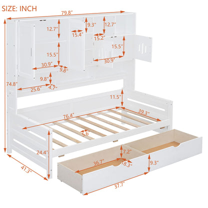 Twin Size Daybed With 2 Drawers And All In One Cabinet And Shelf - White