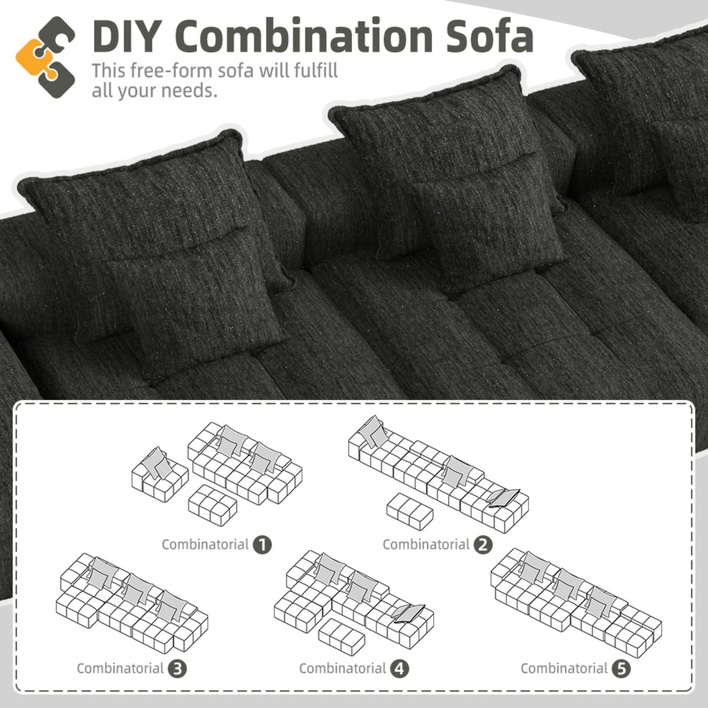 Modern Oversized Modular Sectional Sofa, Sparkling Fabric Soft Cushion Sofa With 6 Pillows, 6 Pieces Diy Combination Tufted Sofa, No Assembly Required - Black