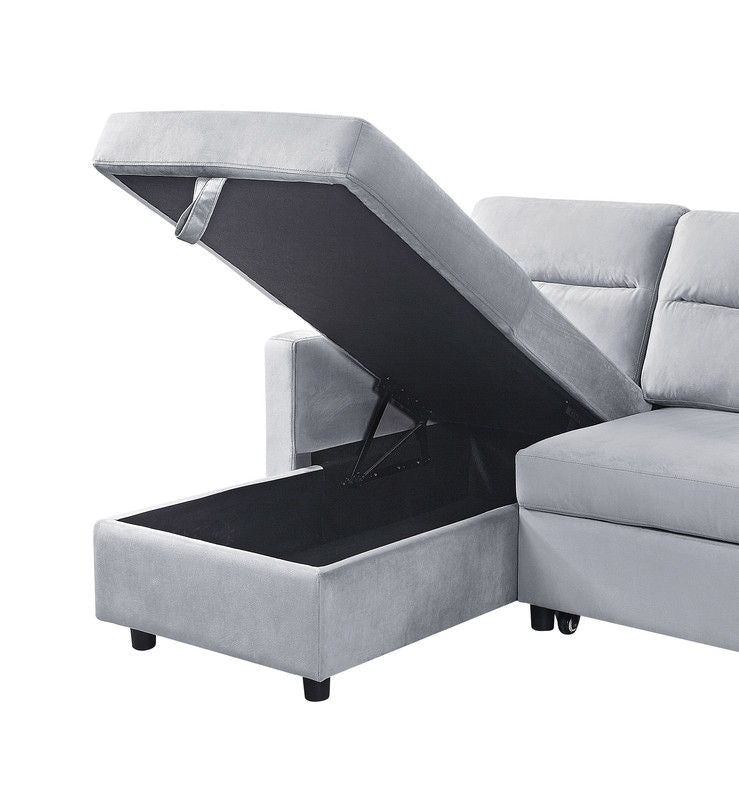 Ivy - Velvet Reversible Sleeper Sectional Sofa With Storage Chaise And Side Pocket - Light Gray