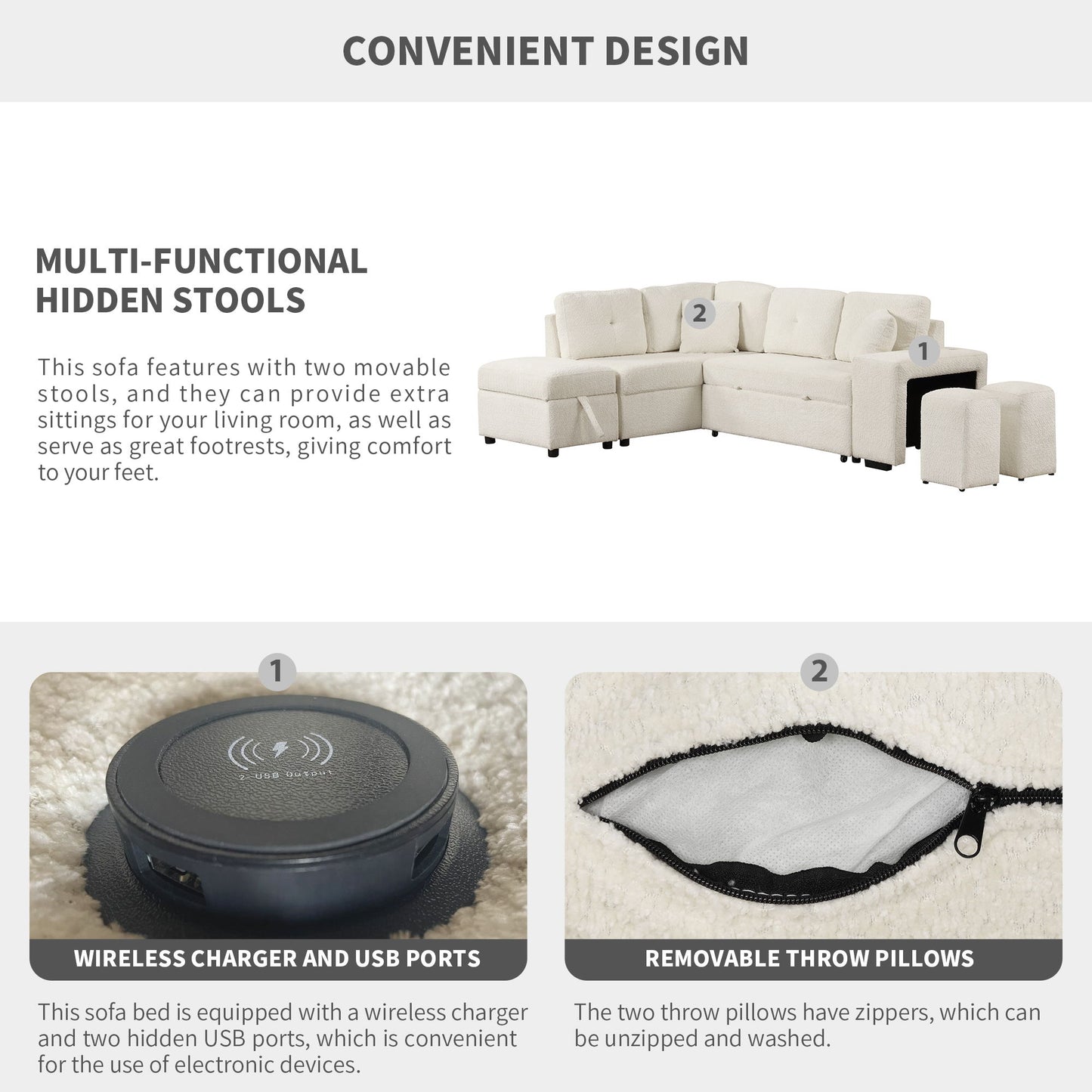 Convertible Sleeper, Sectional Pull Out Sofa Bed With Storage Ottoman, 2 Throw Pillows, 2 Stools, Wireless Charger And Two Hidden USB Ports For Living Room - Cream