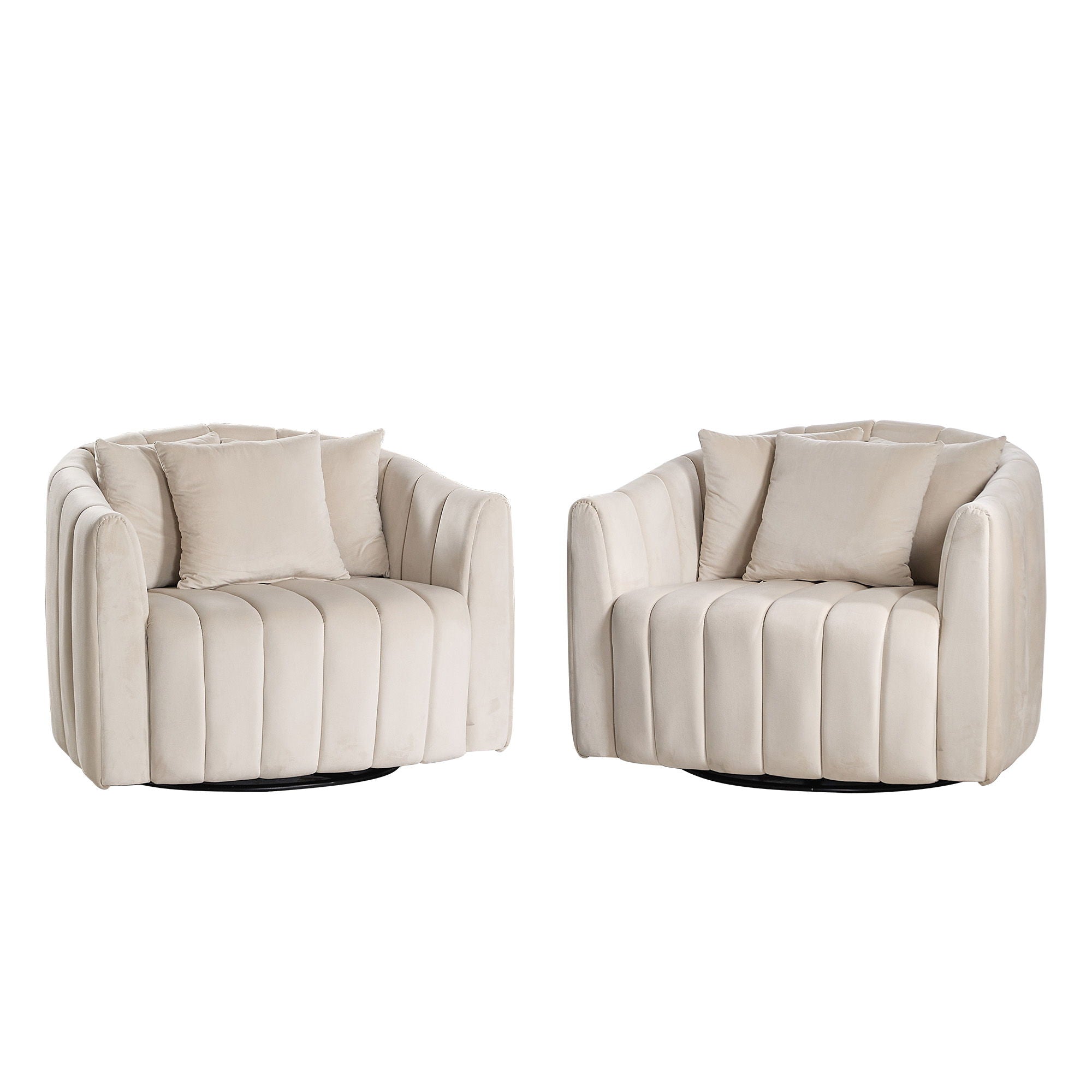 Upholstered Oversized 360 Degree Swivel Accent Barrel Chair And Half Cozy Sofa With 3 Pillows, Channel Tufted Pumpkin Shape Club Armchair For Living Room, Bedroom, Office, Lounge - Beige