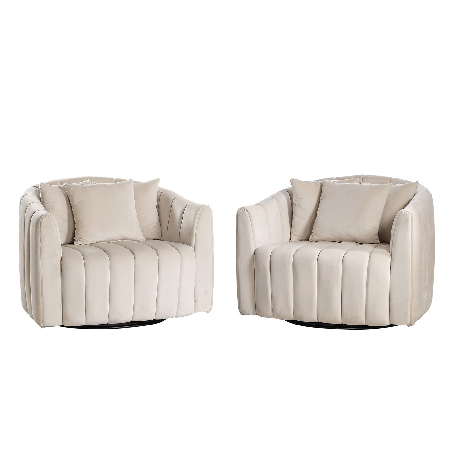 Upholstered Oversized 360 Degree Swivel Accent Barrel Chair And Half Cozy Sofa With 3 Pillows, Channel Tufted Pumpkin Shape Club Armchair For Living Room, Bedroom, Office, Lounge - Beige